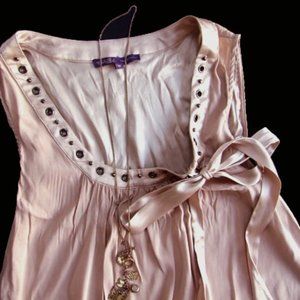 Rare Lovely HALE BOB Silk dress Tunic DustyBeige Studs Snaps Embellished w Bow M